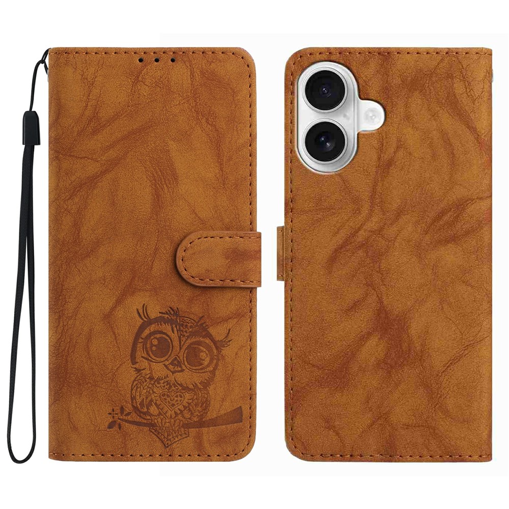 For iPhone 16 Plus Case Owl Imprinted PU Leather Wallet Phone Cover with Wrist Strap - Brown