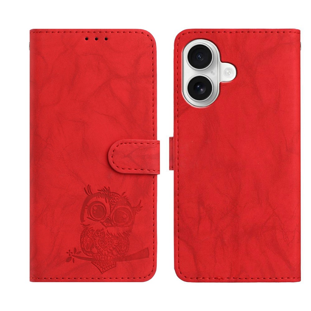 For iPhone 16 Plus Case Owl Imprinted PU Leather Wallet Phone Cover with Wrist Strap - Red