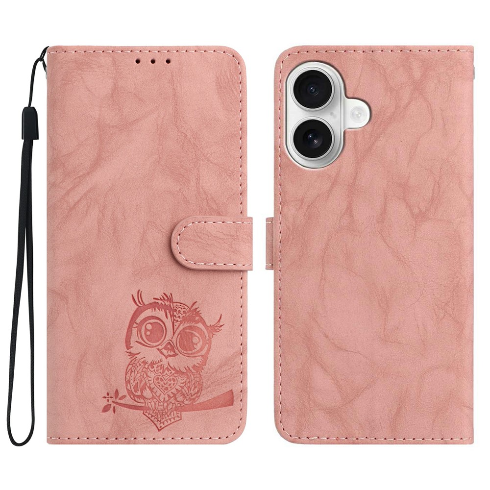 For iPhone 16 Plus Case Owl Imprinted PU Leather Wallet Phone Cover with Wrist Strap - Pink