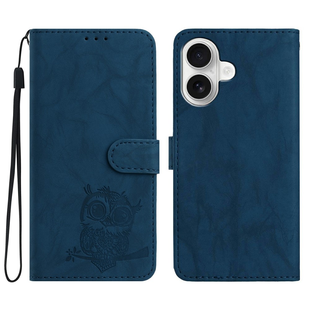 For iPhone 16 Plus Case Owl Imprinted PU Leather Wallet Phone Cover with Wrist Strap - Blue