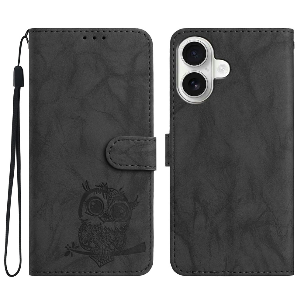 For iPhone 16 Plus Case Owl Imprinted PU Leather Wallet Phone Cover with Wrist Strap - Black