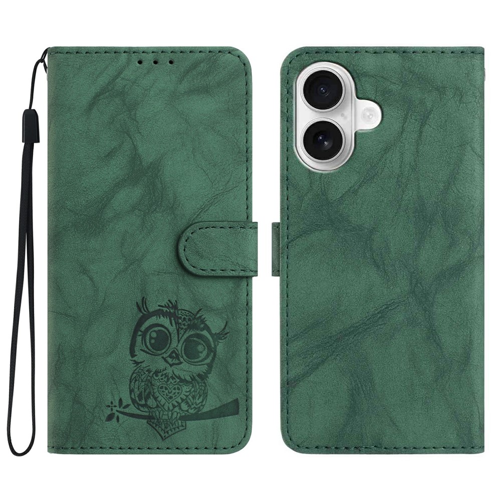 For iPhone 16 Plus Case Owl Imprinted PU Leather Wallet Phone Cover with Wrist Strap - Green