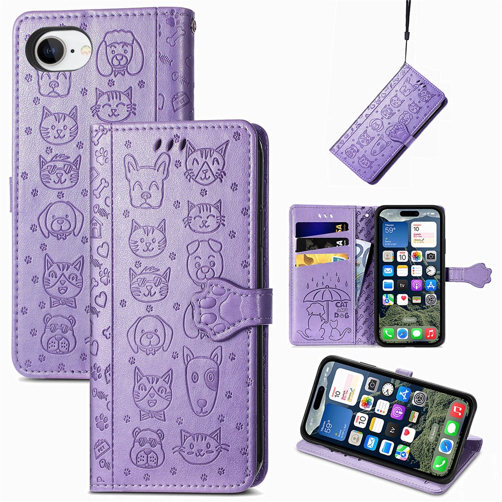 For iPhone 16e Leather Wallet Case Flip Phone Cover with Cute Cat Dog Pattern - Purple