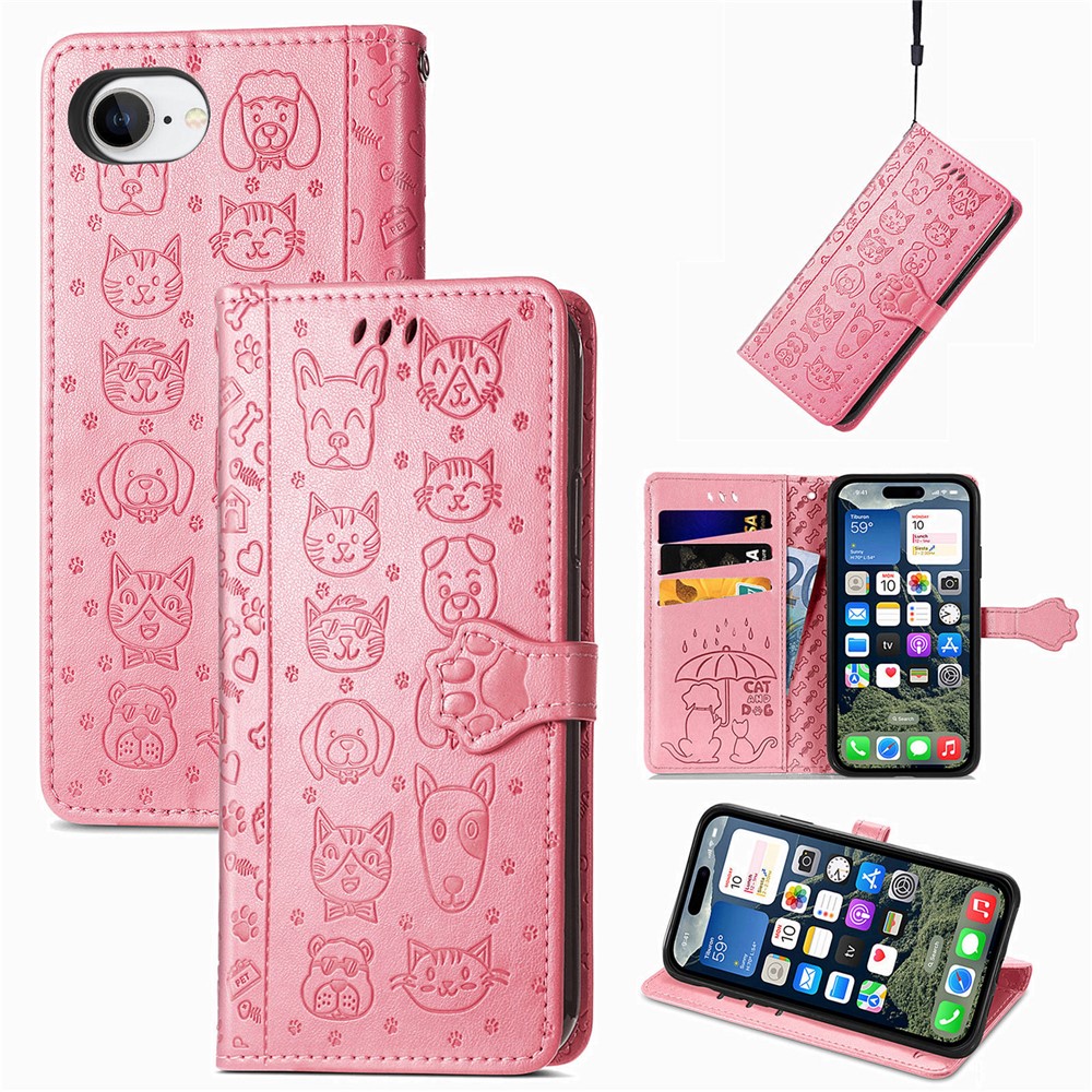 For iPhone 16e Leather Wallet Case Flip Phone Cover with Cute Cat Dog Pattern - Pink