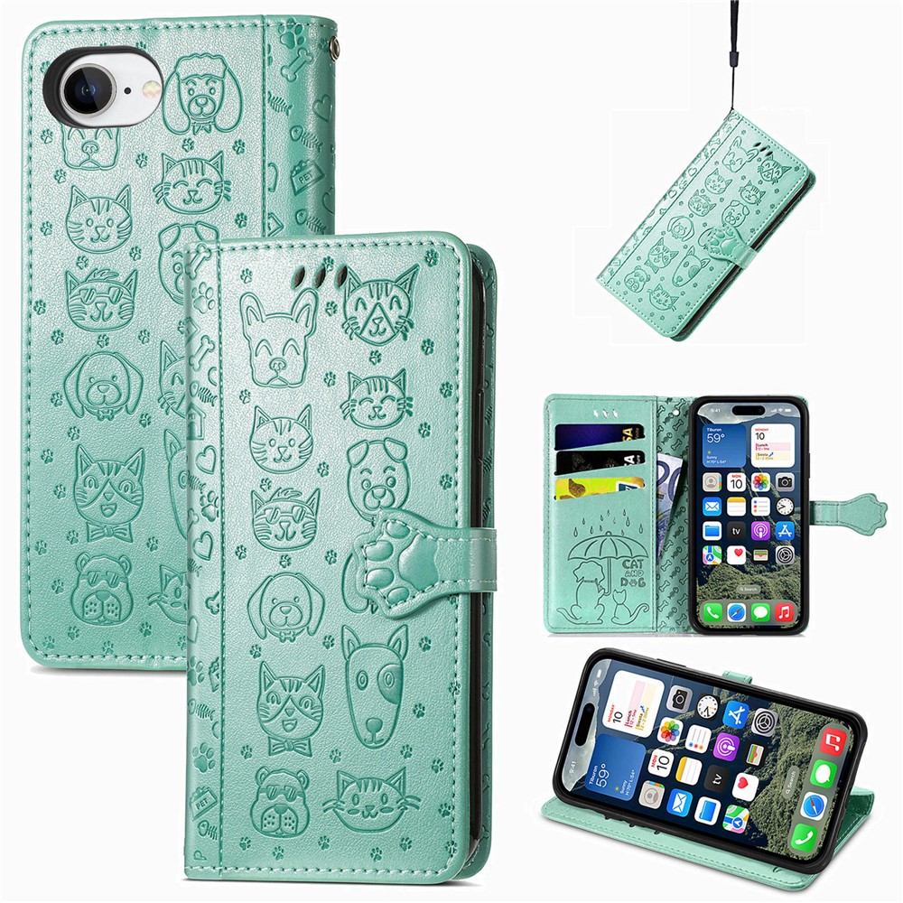 For iPhone 16e Leather Wallet Case Flip Phone Cover with Cute Cat Dog Pattern - Green