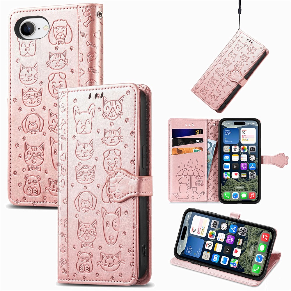 For iPhone 16e Leather Wallet Case Flip Phone Cover with Cute Cat Dog Pattern - Rose