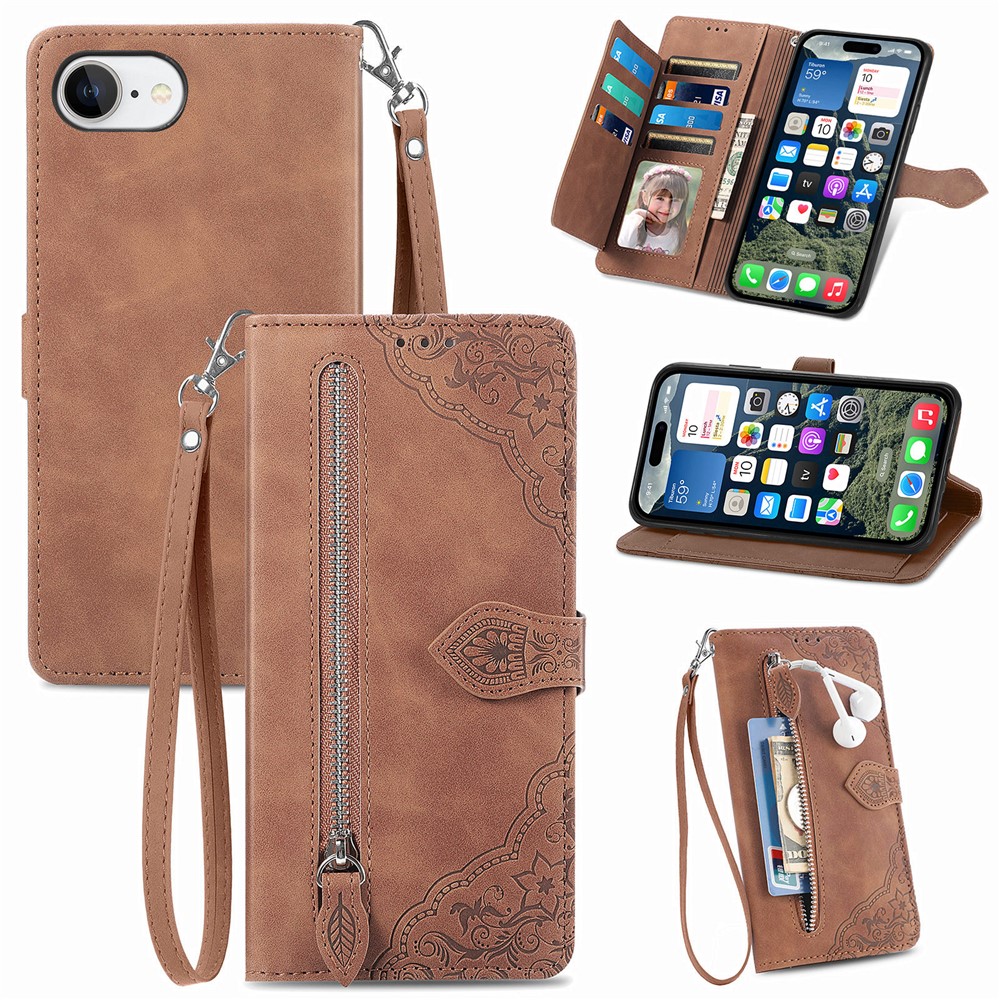 For iPhone 16e Zipper Wallet Case with Strap Flower Imprint PU Leather Phone Cover - Brown
