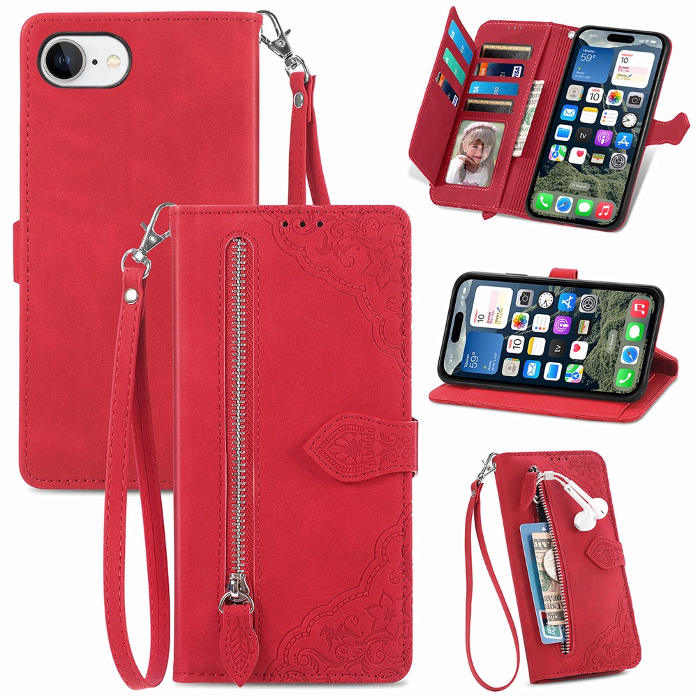 For iPhone 16e Zipper Wallet Case with Strap Flower Imprint PU Leather Phone Cover - Red