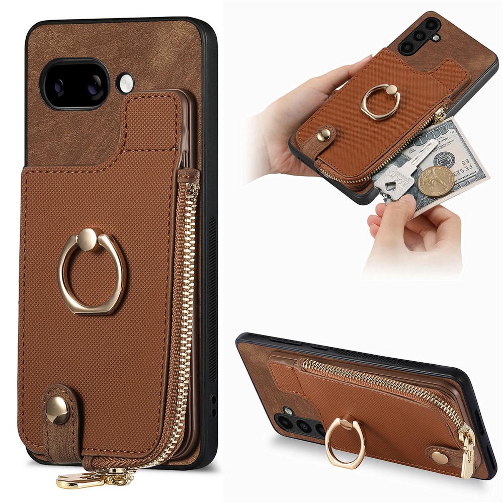 For Google Pixel 9a Leather Phone Back Cover with Zipper Wallet and Ring Kickstand - Brown