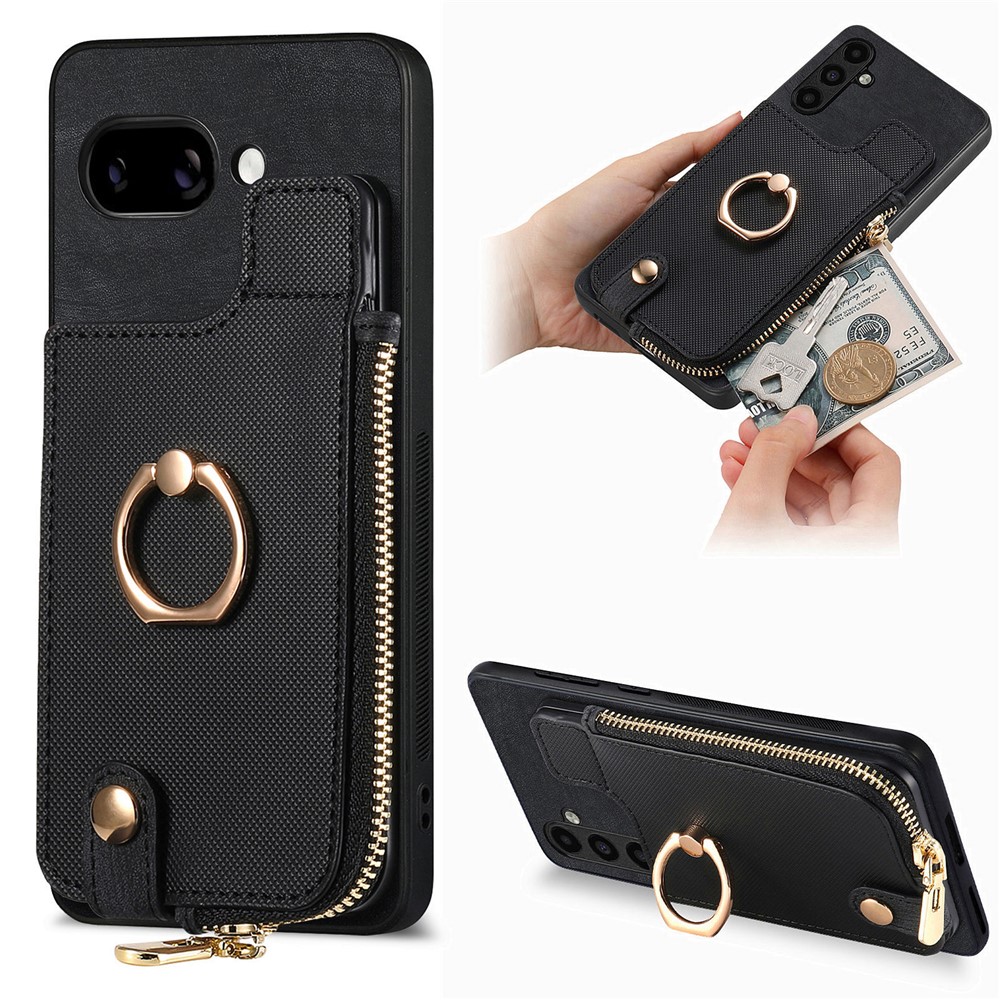 For Google Pixel 9a Leather Phone Back Cover with Zipper Wallet and Ring Kickstand - Black