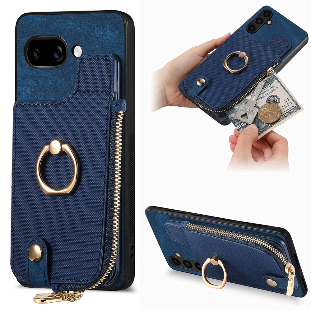 For Google Pixel 9a Leather Phone Back Cover with Zipper Wallet and Ring Kickstand - Blue