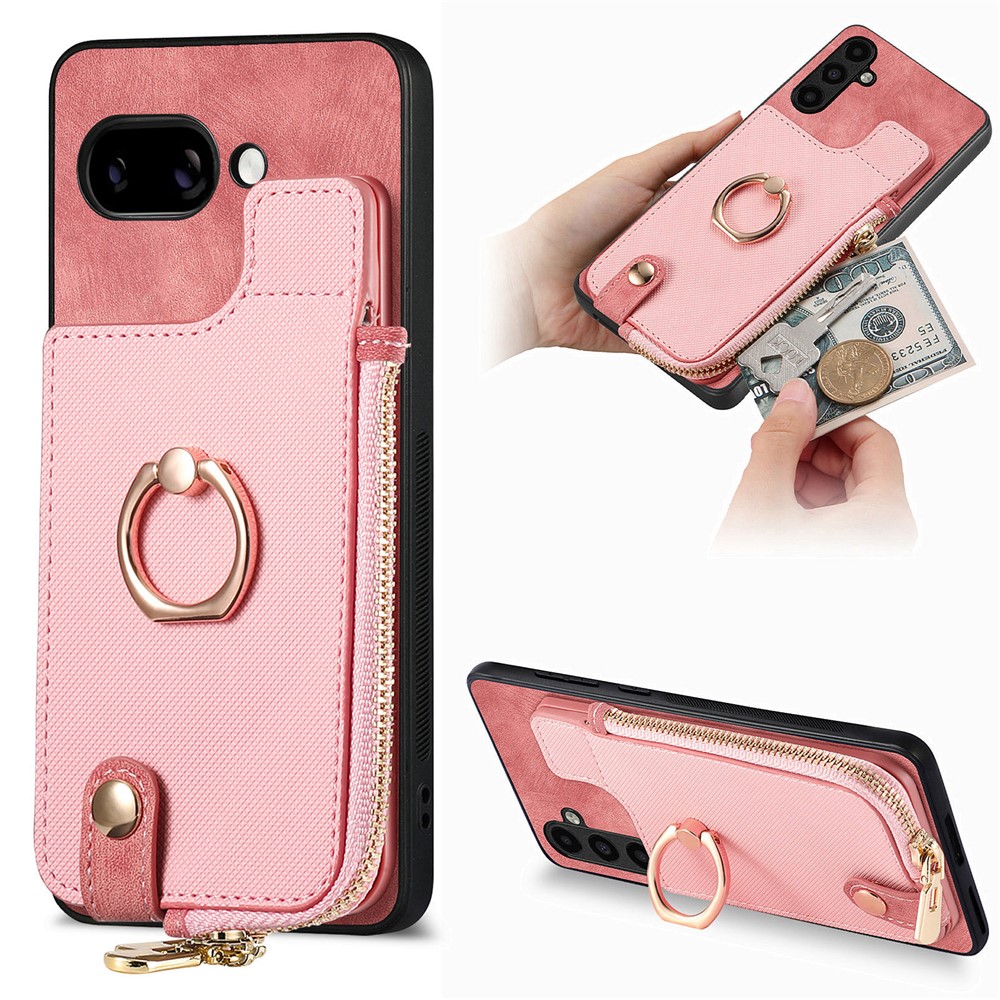 For Google Pixel 9a Leather Phone Back Cover with Zipper Wallet and Ring Kickstand - Pink