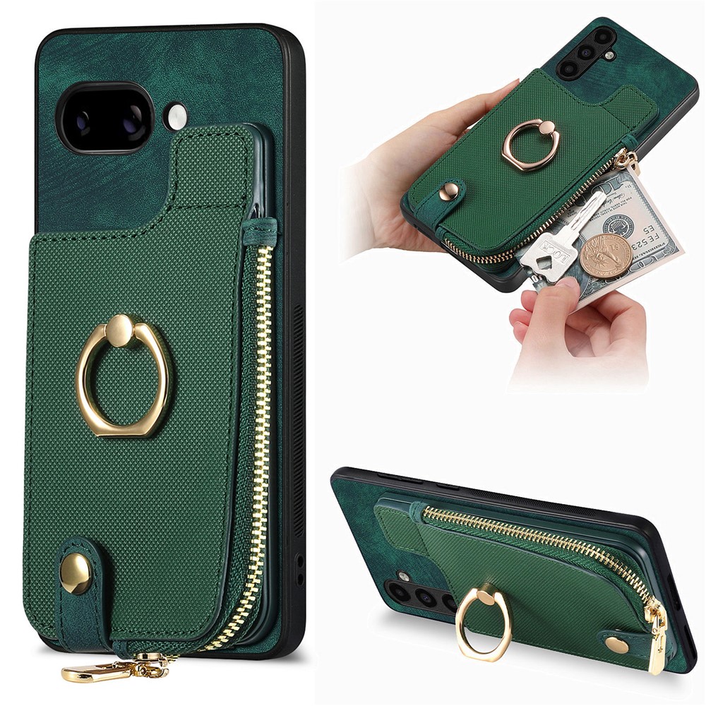 For Google Pixel 9a Leather Phone Back Cover with Zipper Wallet and Ring Kickstand - Green