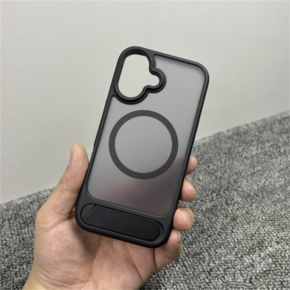 For iPhone 16 Plus Magnetic Case with Kickstand Drop Proof PC + TPU Phone Back Cover - Black