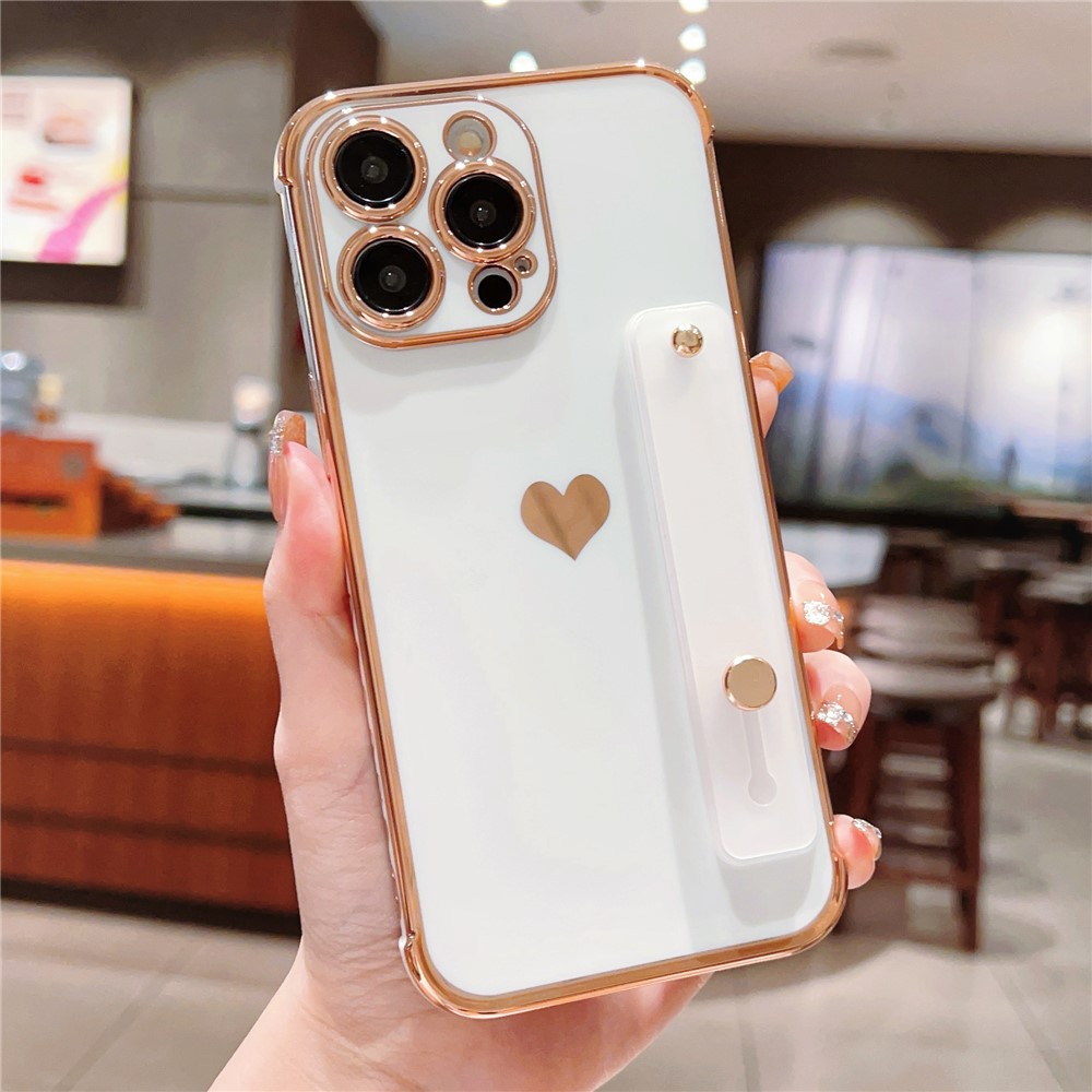 For iPhone 15 Pro Case with Strip Kickstand Electroplating Edge Love Heart Soft TPU Phone Cover - Ivory White