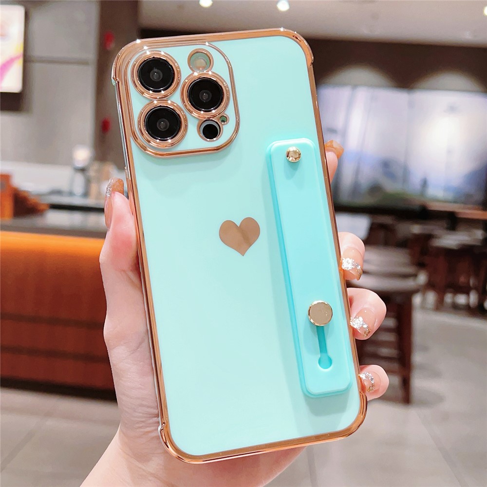 For iPhone 15 Pro Case with Strip Kickstand Electroplating Edge Love Heart Soft TPU Phone Cover - Green