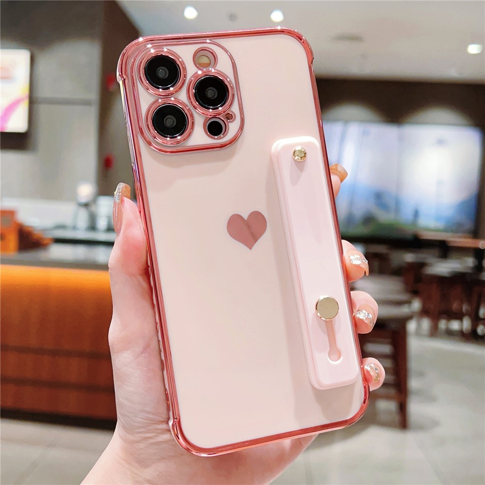 For iPhone 15 Pro Case with Strip Kickstand Electroplating Edge Love Heart Soft TPU Phone Cover - Pink
