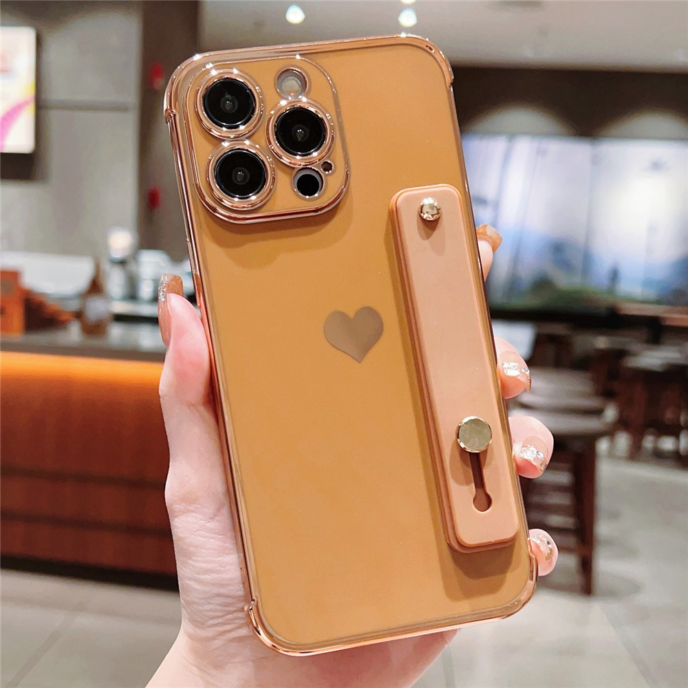 For iPhone 15 Pro Case with Strip Kickstand Electroplating Edge Love Heart Soft TPU Phone Cover - Desert Gold