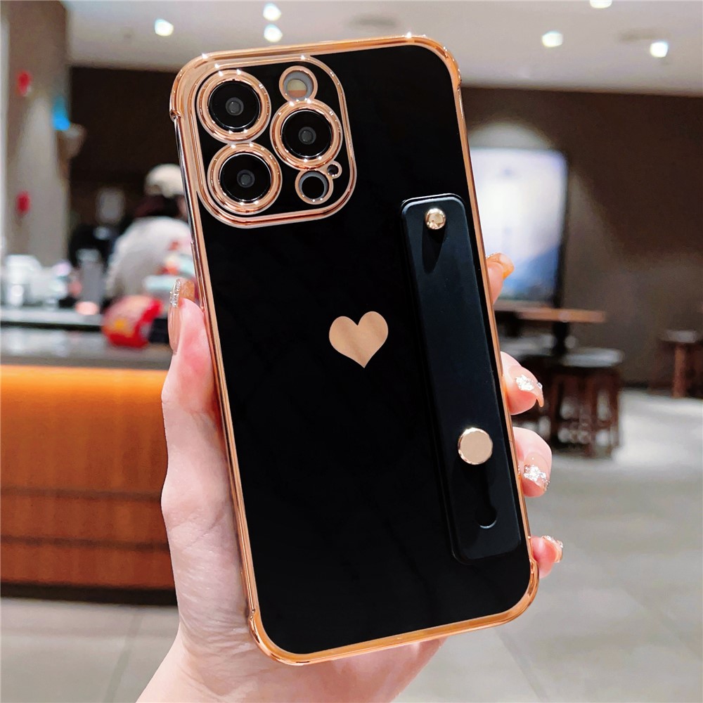 For iPhone 15 Pro Case with Strip Kickstand Electroplating Edge Love Heart Soft TPU Phone Cover - Black