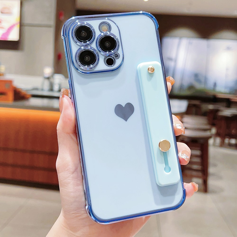 For iPhone 15 Pro Case with Strip Kickstand Electroplating Edge Love Heart Soft TPU Phone Cover - Blue