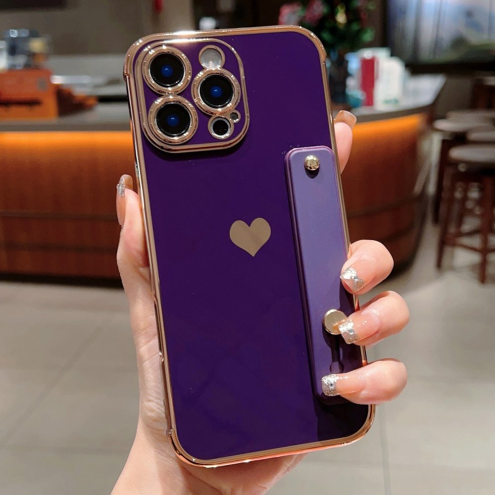 For iPhone 15 Pro Case with Strip Kickstand Electroplating Edge Love Heart Soft TPU Phone Cover - Dark Purple