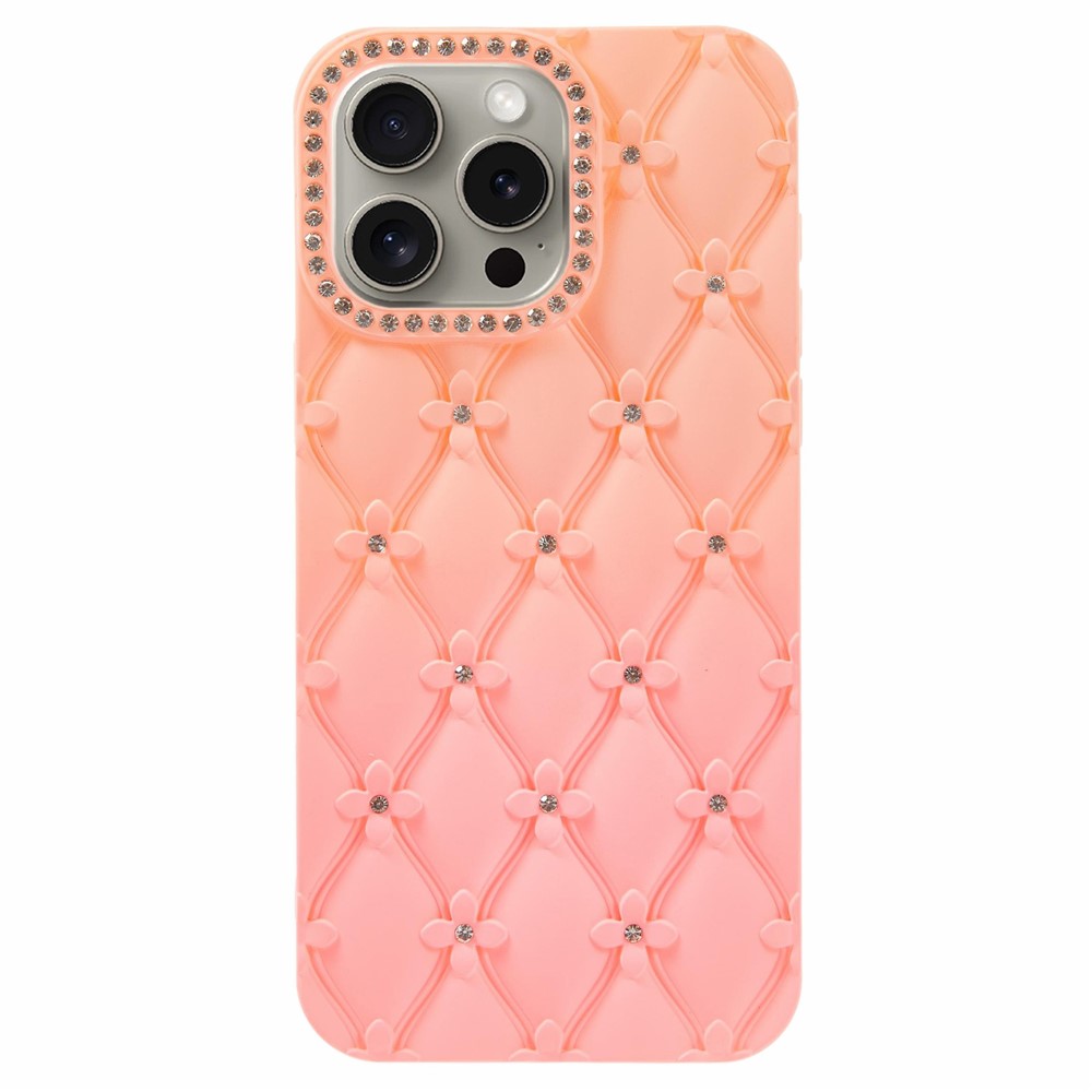 For iPhone 15 Pro Case Rhinestone Decor Rubberized TPU Phone Cover - Pink + Rose