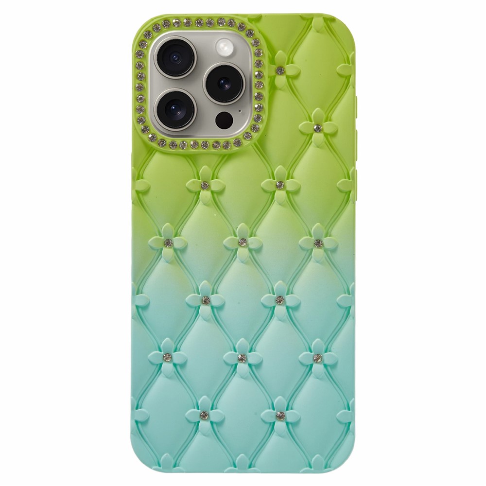 For iPhone 15 Pro Case Rhinestone Decor Rubberized TPU Phone Cover - Green + Baby Blue