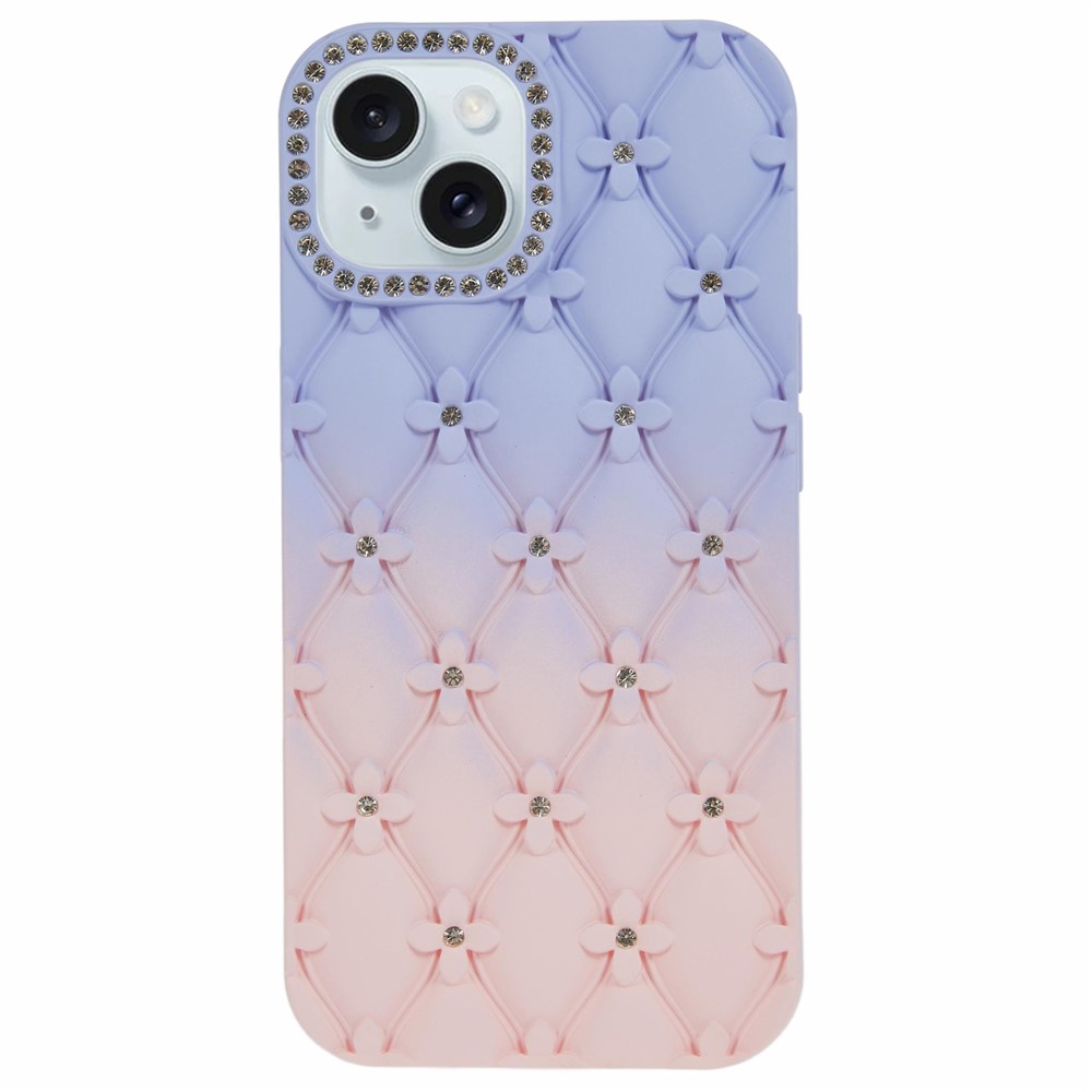 For iPhone 15 Case Rhinestone Decor Rubberized TPU Phone Cover - Lilac + Pink