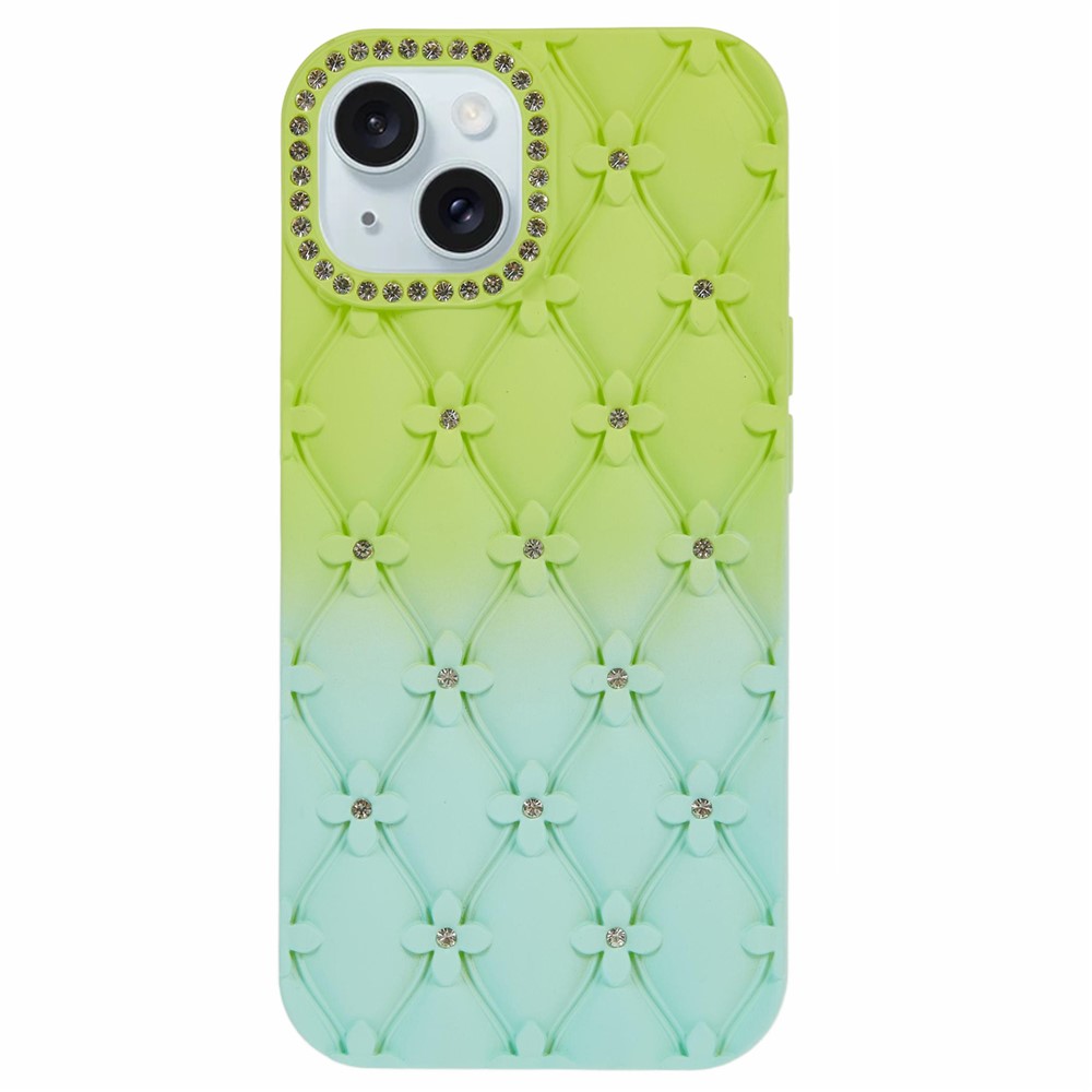 For iPhone 15 Case Rhinestone Decor Rubberized TPU Phone Cover - Green + Baby Blue