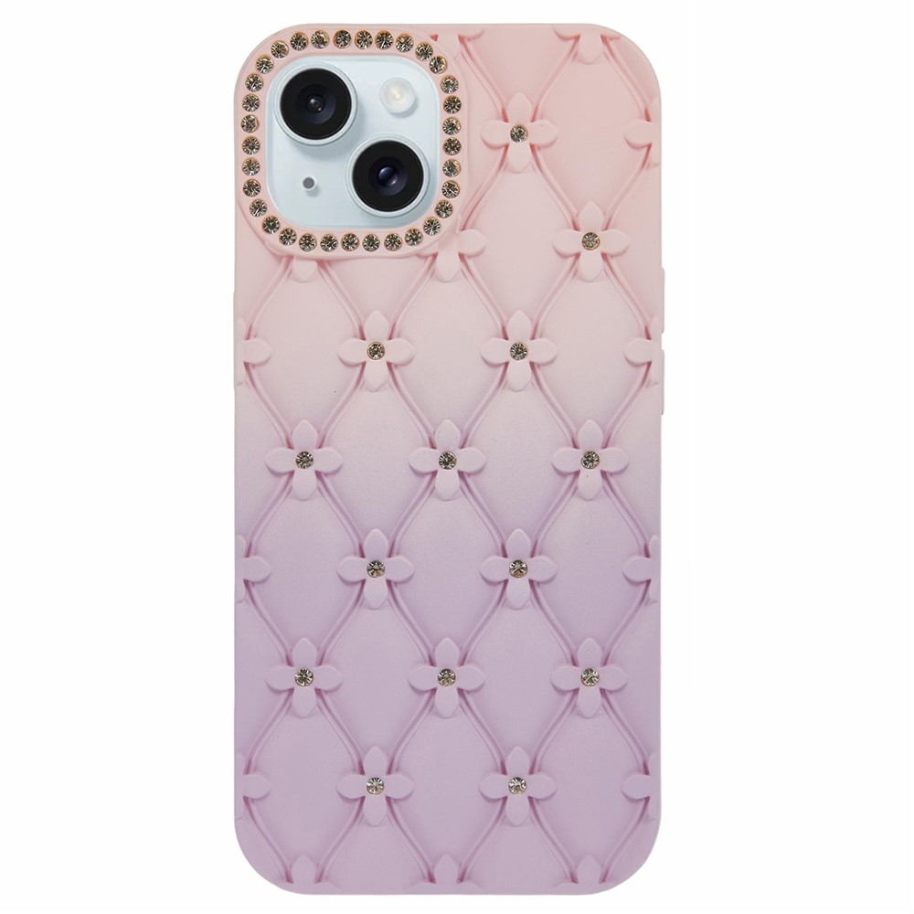 For iPhone 13 Case Rhinestone Decor Rubberized TPU Phone Cover - Pink + Purple