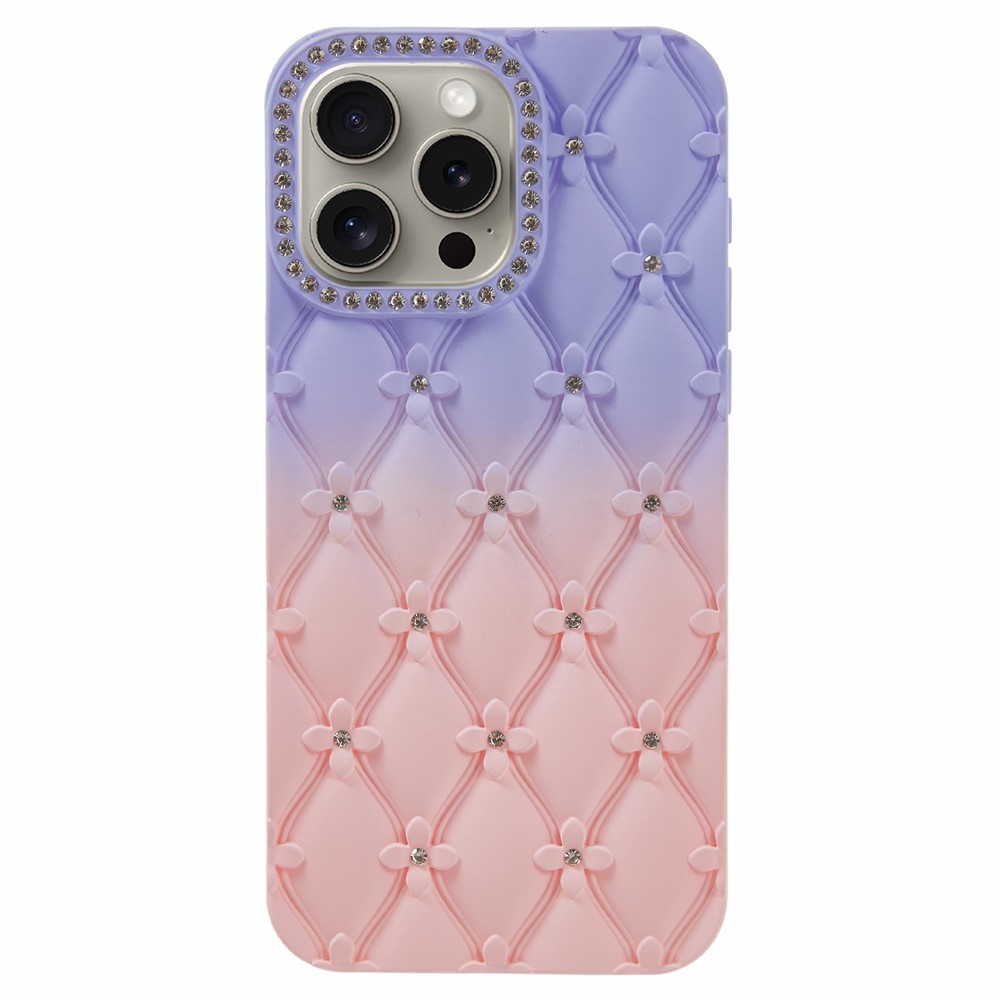 For iPhone 15 Pro Max Case Rhinestone Decor Rubberized TPU Phone Cover - Lilac + Pink