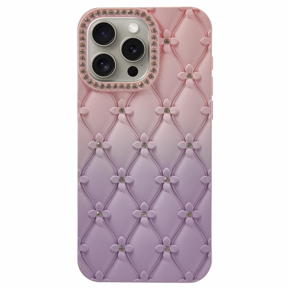 For iPhone 15 Pro Max Case Rhinestone Decor Rubberized TPU Phone Cover - Pink + Purple