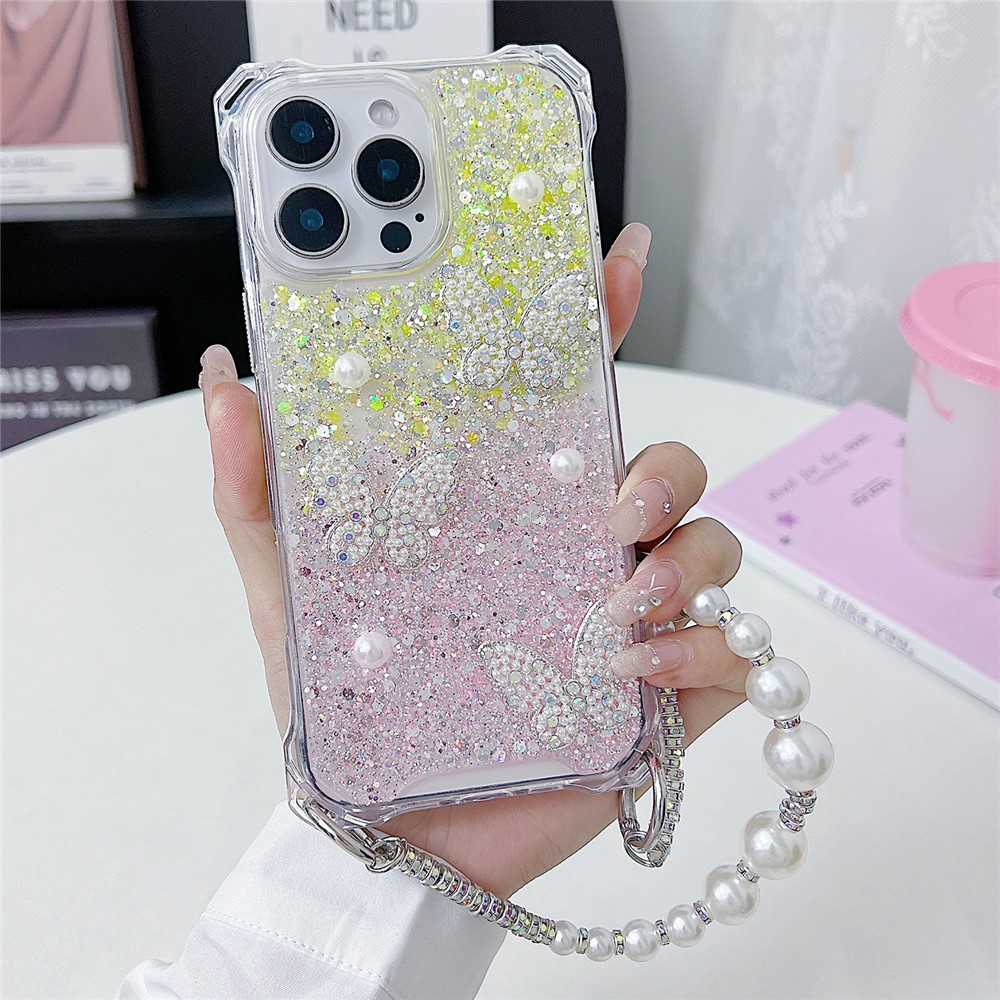 For iPhone 15 Pro Max Case with Strap Epoxy Glitter Butterfly Decor TPU + Acrylic Phone Back Cover - Pink / Yellow