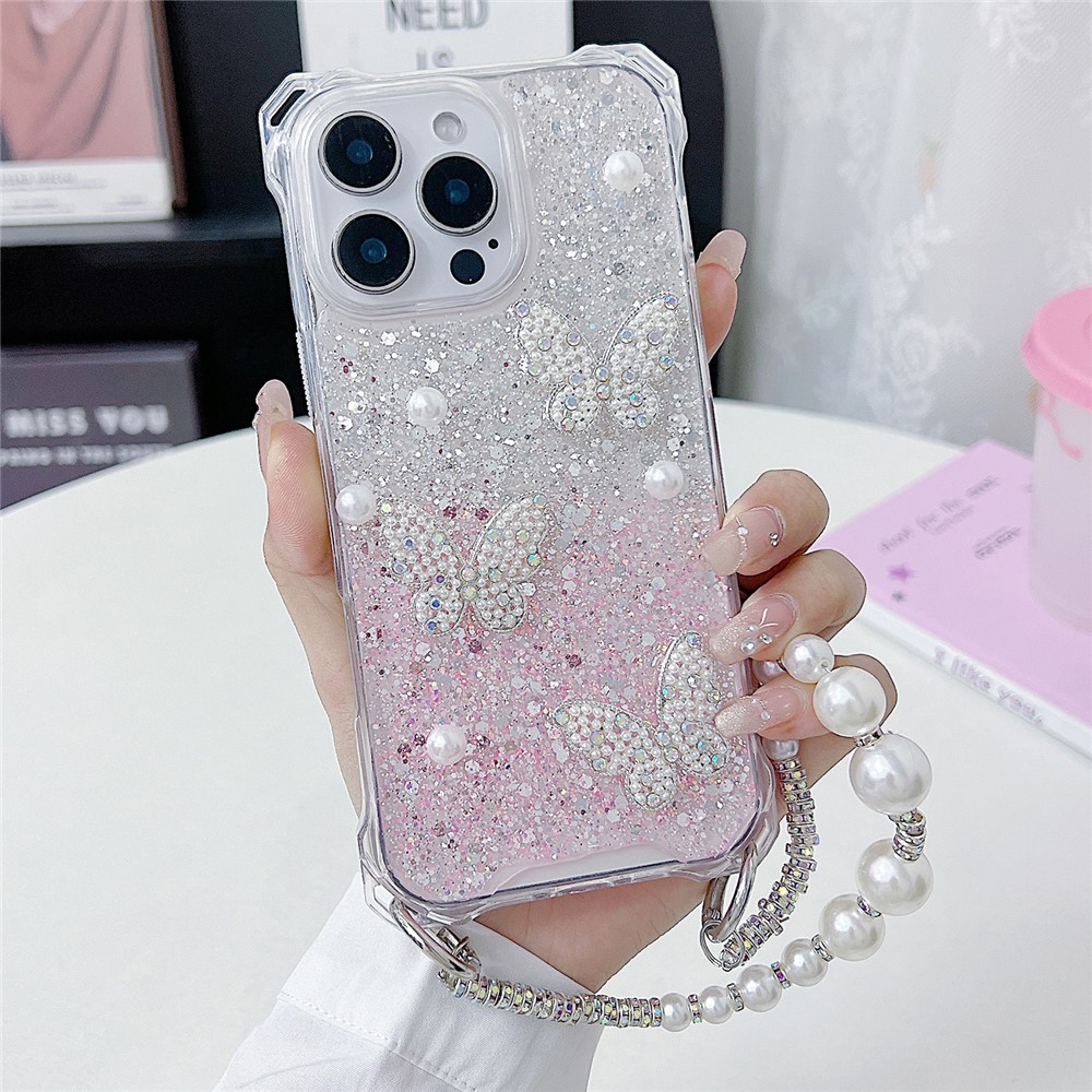 For iPhone 15 Pro Case with Strap Epoxy Glitter Butterfly Decor TPU + Acrylic Phone Back Cover - Pink / White