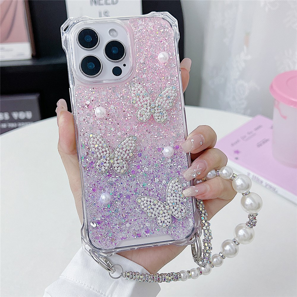 For iPhone 15 Pro Case with Strap Epoxy Glitter Butterfly Decor TPU + Acrylic Phone Back Cover - Pink / Purple