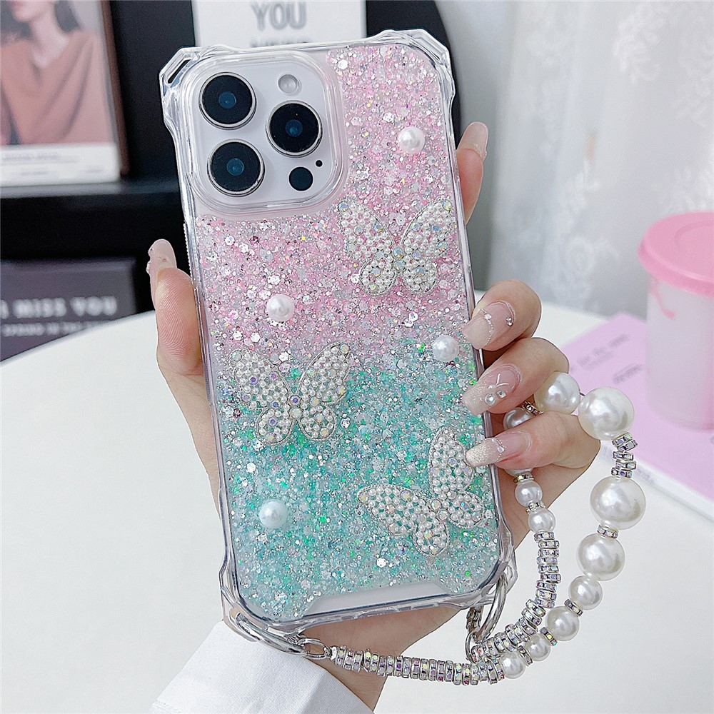 For iPhone 15 Pro Case with Strap Epoxy Glitter Butterfly Decor TPU + Acrylic Phone Back Cover - Pink / Green