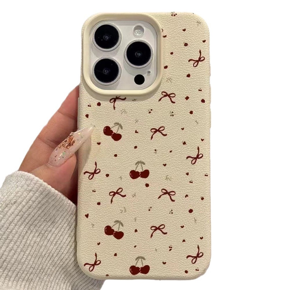 For iPhone 15 Pro Max Case Heart Cherry Pattern Litchi Texture TPU Phone Cover