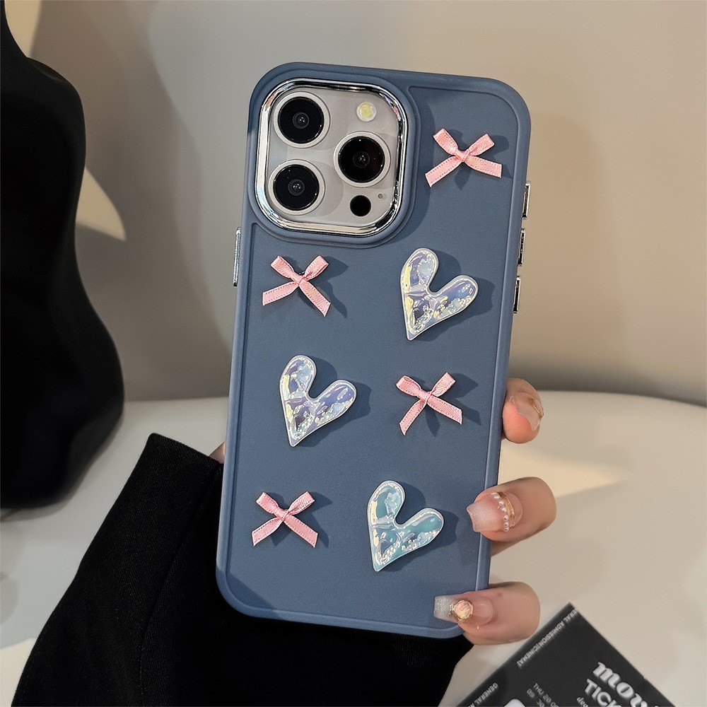 For iPhone 15 Pro TPU Case Heart Butterfly Bow Design Shockproof Phone Back Cover - Grey Blue