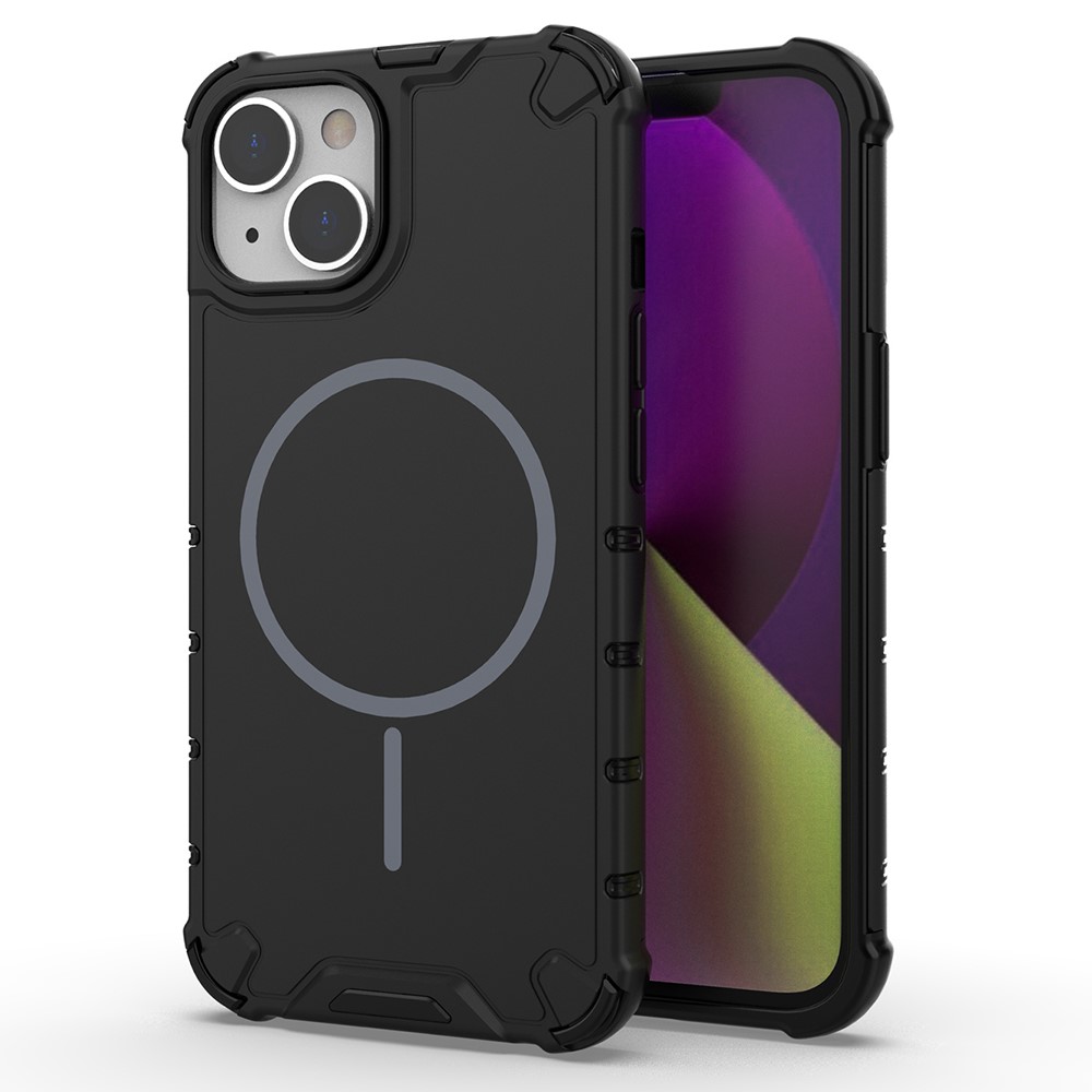 For iPhone 14 Magnetic Case Corrugated Texture Heat Dissipation Shockproof TPU + PC Phone Back Cover - Black