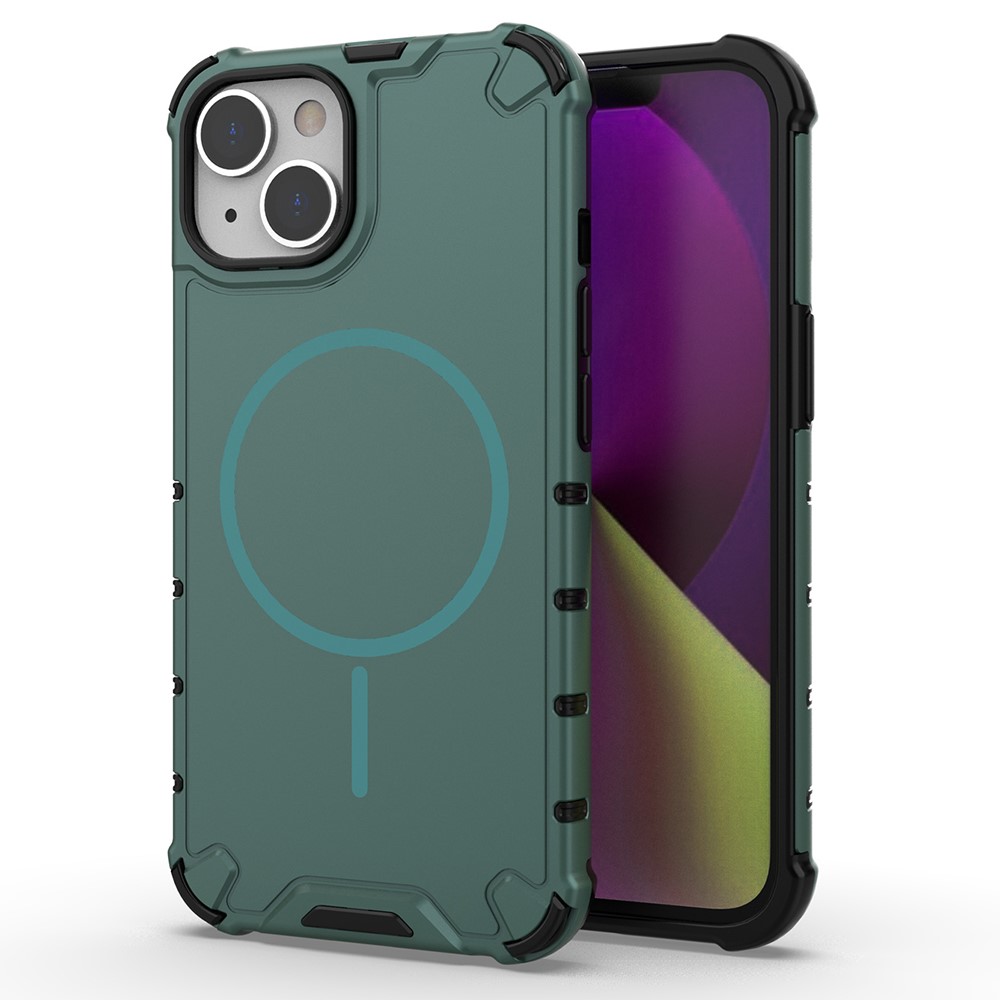 For iPhone 14 Magnetic Case Corrugated Texture Heat Dissipation Shockproof TPU + PC Phone Back Cover - Dark Green