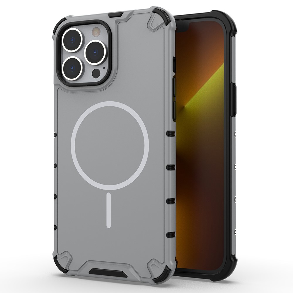 For iPhone 14 Pro Magnetic Case Corrugated Texture Heat Dissipation Shockproof TPU + PC Phone Back Cover - Grey White