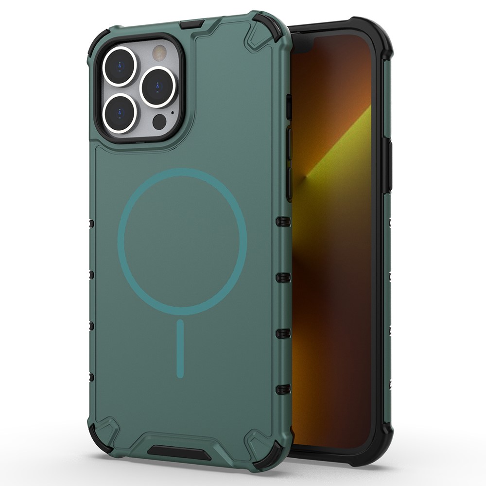 For iPhone 14 Pro Max Magnetic Case Corrugated Texture Heat Dissipation Shockproof TPU + PC Phone Back Cover - Dark Green