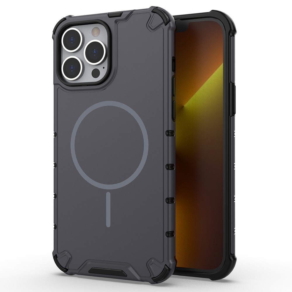 For iPhone 14 Pro Max Magnetic Case Corrugated Texture Heat Dissipation Shockproof TPU + PC Phone Back Cover - Grey