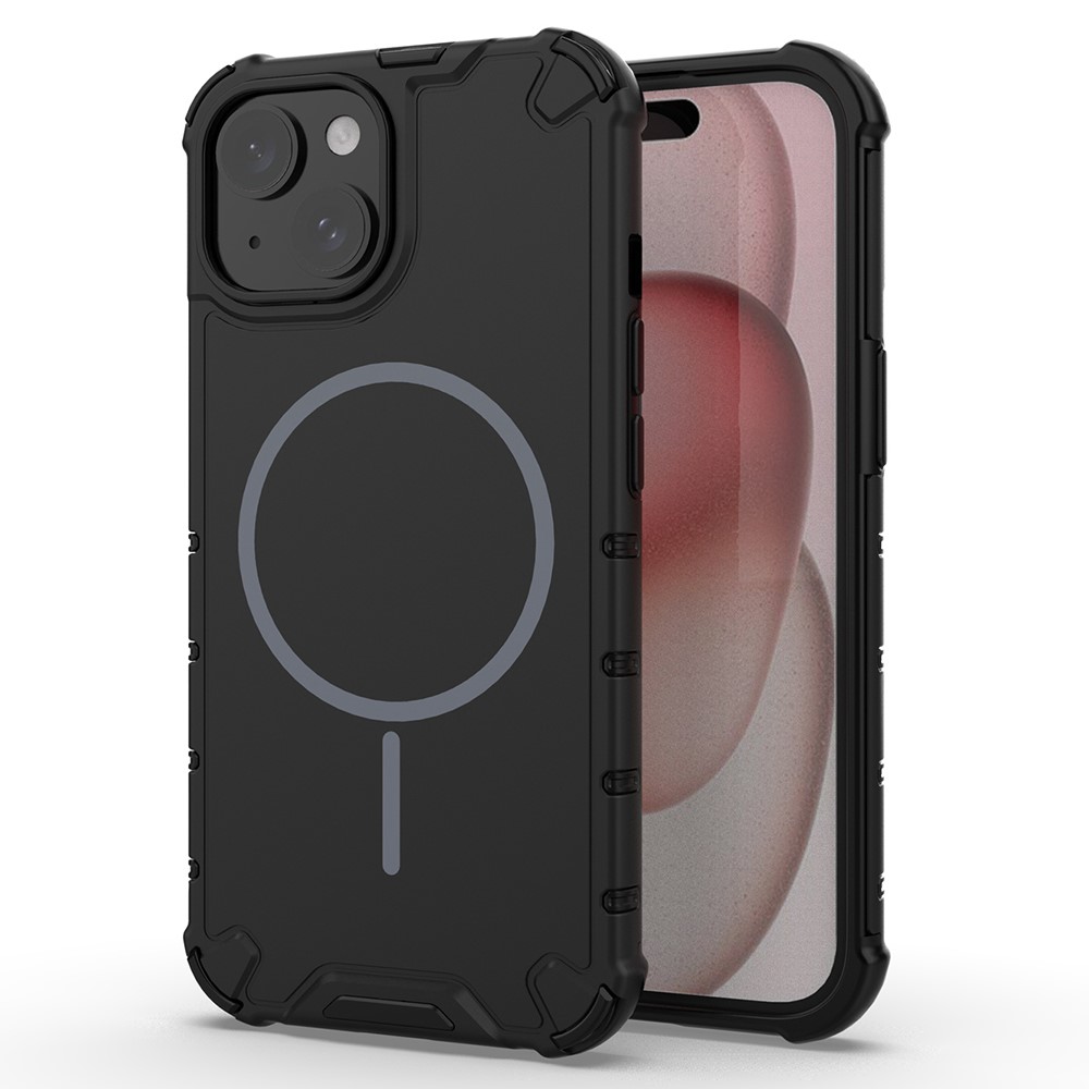 For iPhone 15 Magnetic Case Corrugated Texture Heat Dissipation Shockproof TPU + PC Phone Back Cover - Black