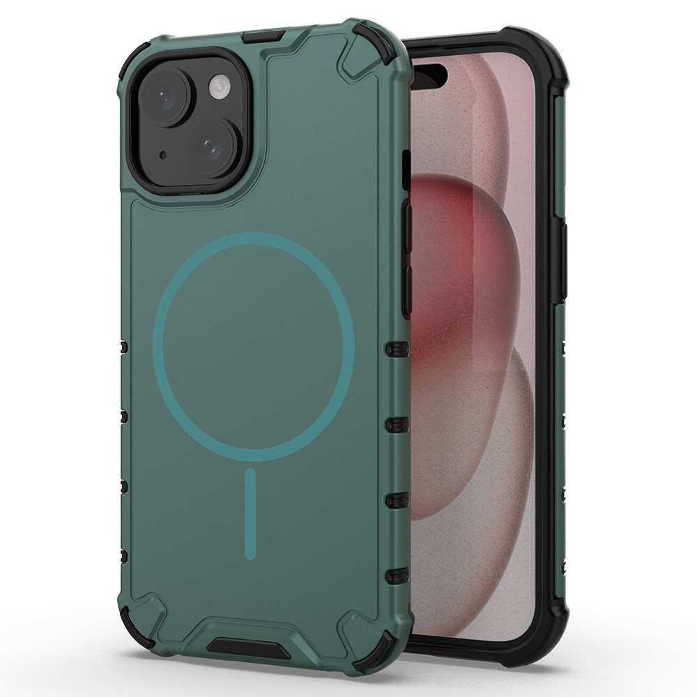 For iPhone 15 Magnetic Case Corrugated Texture Heat Dissipation Shockproof TPU + PC Phone Back Cover - Dark Green
