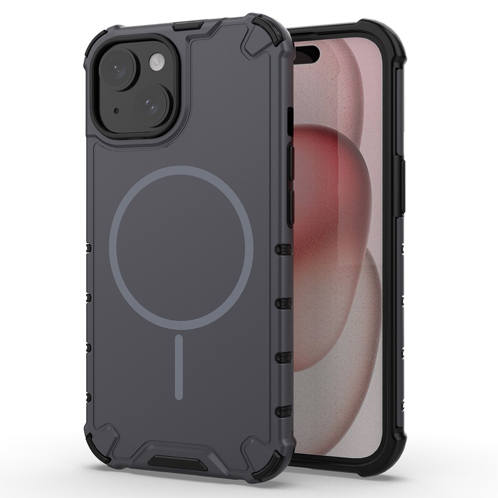 For iPhone 15 Magnetic Case Corrugated Texture Heat Dissipation Shockproof TPU + PC Phone Back Cover - Grey