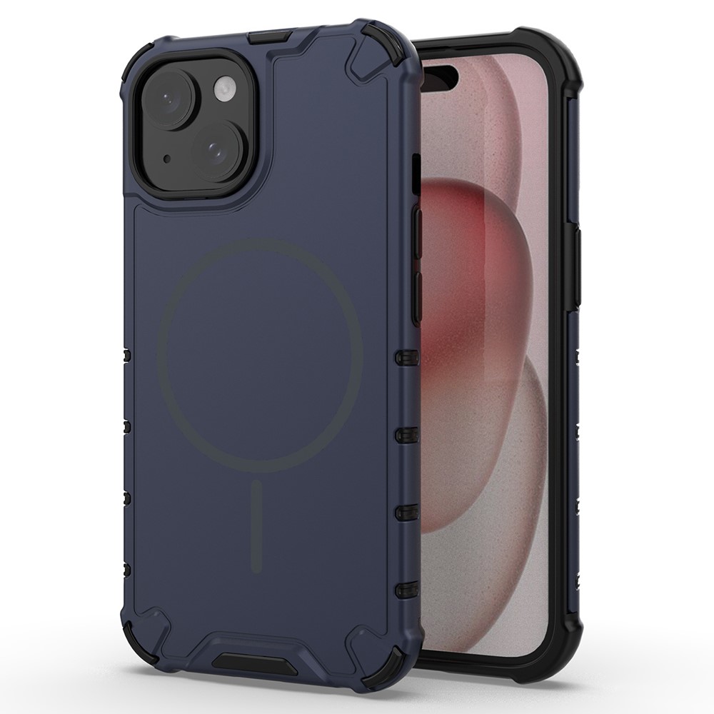 For iPhone 15 Magnetic Case Corrugated Texture Heat Dissipation Shockproof TPU + PC Phone Back Cover - Dark Blue