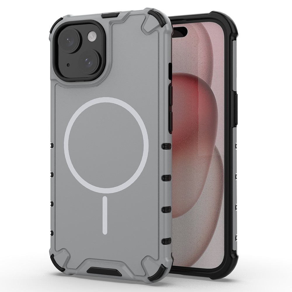 For iPhone 15 Magnetic Case Corrugated Texture Heat Dissipation Shockproof TPU + PC Phone Back Cover - Grey White