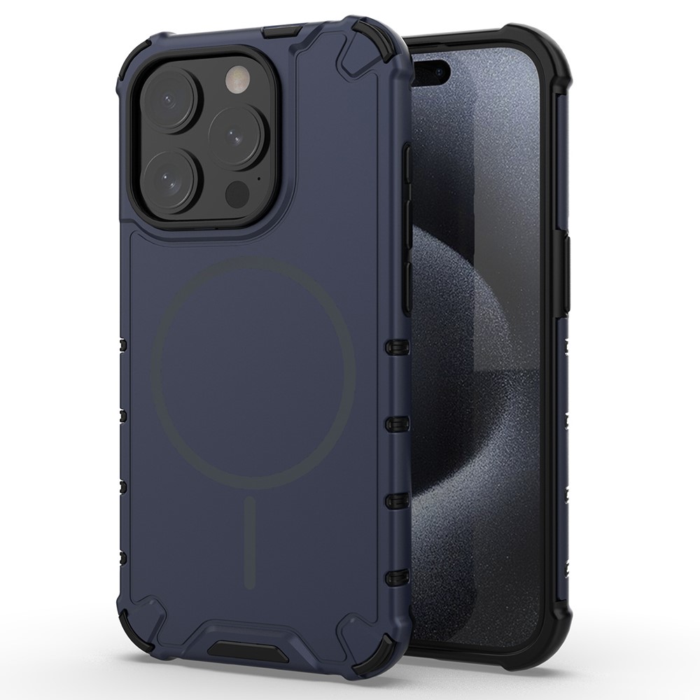 For iPhone 15 Pro Magnetic Case Corrugated Texture Heat Dissipation Shockproof TPU + PC Phone Back Cover - Dark Blue