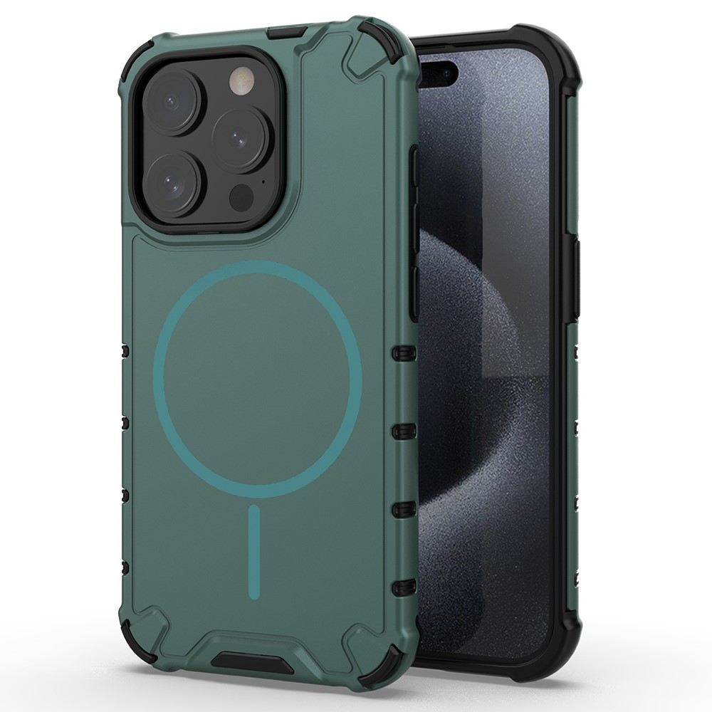 For iPhone 15 Pro Magnetic Case Corrugated Texture Heat Dissipation Shockproof TPU + PC Phone Back Cover - Dark Green